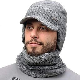 Men's & Boy's Ultra Soft Woolen Visor Beanie Cap Plus Neck Scarf Set-(Light Grey,Freesize)-image-66