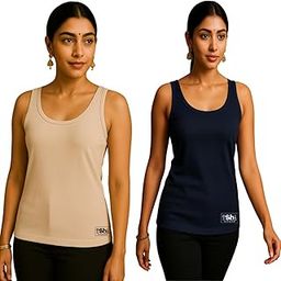 Women's Basic Tank Top Camisole, Sleeveless Cotton Blend, Pack of 2 (in, Alpha, Free Size, Regular, Cream-Navy Blue)-image-61
