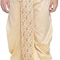 vastramay Men's Cream Silk Blend Embroidered Dhoti Ready-to-Wear Traditional Dhoti with Golden Embroidery for Weddings, Festivals, and Casual Wear-picture-49