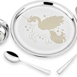 KITCHEN CLUE 304 Stainless Steel Dinner Set for Kids – Set of 5 Pcs, Mirror Finish, 24cm Dia Dinner Plate | BIS Approved, Child Thali Set with Spoon, Fork, Glass & Bowl | Unicorn Laser Design-picture-23