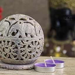 KC KULLICRAFT Soapstone Elephant Carving Round Tea Light Candle Holder With Candle, Pack of 1-image-44