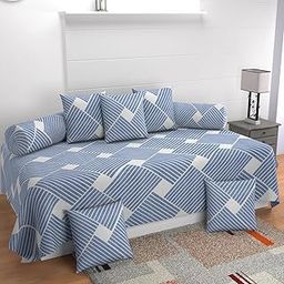 Geometric Striped Diwan Set with 5 Cushions and 2 Bolsters, Blue and White-image-70