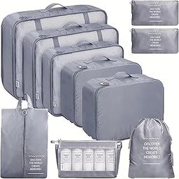POPCUBE 10 Pcs Travel Organizer Pouch Packing Cubes for Clothes Space Savers Bags Cosmetics/Underwear/Socks/Shoes Toiletry Bag Laundry Organiser (Grey)-image-34