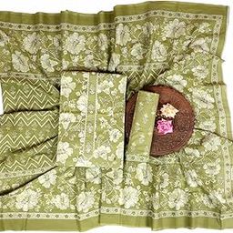 Cotton Dress Material Set, Olive Green with Floral Print, Traditional Design with Chevron Pattern-image-8