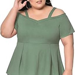 Women Western Plus Size Stylish Casual Off Shoulder Peplum Top (Mint Green, Size : 2XL-6XL)-image-1