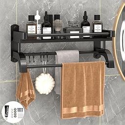 wolpin Stainless Steel Wall Shelves with Towel Hanger & Hooks Multipurpose Wall Mount Bathroom Storage Rack Box Strong Bathroom Accessories Rack Shelf, Set of 1, Black-13