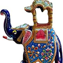Royal Rajasthan Art&Craft Collection - Elephant with Palanquin (Ambabari Elephant) Self-Standing Metallic Decor Item, 11cm W x 15cm H x 5cm D, with Exquisite Meenakari Painting (Blue & Multicolor)-image-42