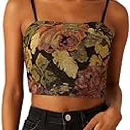 Floral Print Crop Top Camisole, Black with Vintage Rose Pattern, Adjustable Straps for Women-image-24