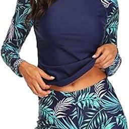 Women Rash Guard Long Sleeve Swimsuits UV UPF 50+ Swim Shirt Bathing Suit with Built in Bra Blue Leaf XS-image-73