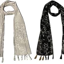 ™ Women's Printed Poly Cotton Multicolored Scarf and Stoles with Pearl Tassels Set Of 2 (ST310)-5