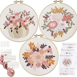 Tisany 3 Pack Flower Embroidery Starter Kit for Beginners Stamped Cross Stitch Kits with Cute Flowers and Plants Patterns with 1 Embroidery Hoop and Color Threads for Adults Kids (3 Pack)-picture-25