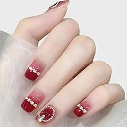 Secret Lives Glossy Reusable Artificial Wine Color with Small Stone Chain Design Fake False Press on Nails 24 Pieces Set with Kit-9