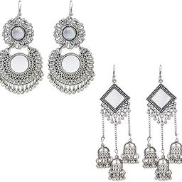 Earrings for Women & Girls | Traditional Silver Oxidised Jhumka Set | German Silver Jhumka Combo | Chand Baliyan & Jhumkas Earrings | Birthday & Anniversary Gift-image-1