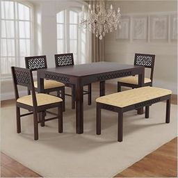 KENDALWOOD™ Furniture Sheesham Wood CNC Cuting Dining Table with 4 Chairs with 1 Bench| 6 Seater Dining Set- Dining Room Furniture | Finish Color:-Walnut Finish with Cream Cushion-image-58