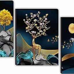 SAF paintings Unique 3D Print Deer Nature Modern Art MDF Framed Painting (SANFJM31040, Multicolour, 12 inch x 18 inch, Set of 3)-1