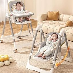R for Rabbit Marshmallow Smart 3-in-1 High Chair with Swing for Baby, Adjustable Height, Dual Tray, Reclinable Backrest & Footrest Feeding Chair for 0.6-5 Years Kids |(Abstract Grey)-image-3