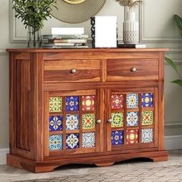 WOODSYCHARM Sheesham Wood Storage Cabinet with Hand-Painted Ceramic Tiles | Rustic Sideboard with Drawers & Doors for Living Room, Hallway, Entryway-image-85