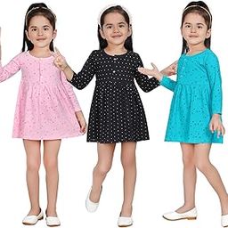 Printed Fashionable Baby Kids Girls Infant Cotton Front Open Full Long Sleeves Short Frock Dress Combo Set Pack of 3-image-40