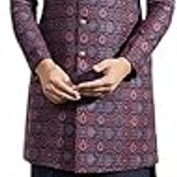Men's Kurta Indo-Western Sherwani Trouser Set, Multi Jacquard, Woven Design Regular Fit Mandarin Collar Full Sleeves-image-60