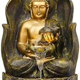 Patta Buddha Double Bowl Water Fountain for Home Dcor, Idols, Living Room, Door Entrance, Decoration Items, Decorative Showpiece Figurine with LED Lights Water Pump-96