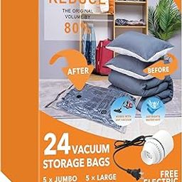 GONGSHI Plastic 24 Pack Vacuum Storage Bags with Electric Pump, (5 Jumbo, 5 Large, 5 Medium, 5 Small, 4 Roll Up Bags) Space Saver Bag for Mattress, Blanket, Duvets, Comforters,Travel, Transparent-70