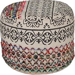 CC Home Furnishings 18" White and Black Bohemian Hand Loomed Round Pouf Ottoman-image-37