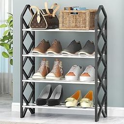 ZhenaurA Sleek White & Black Shoe Rack - Modern Design with Non-Slip Shelves for Organized Footwear Perfect for entryway or Closet (Black & White, 4 Layers, Metal Shelves with pp Plastic Frame)-16