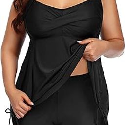Women Plus Size Tankini Swimsuit Two Piece Flowy Swimdress with Shorts Black XXL-image-32
