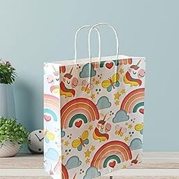 Omnipresent Pack 90 Gsm Paper White- Rainbow Printed Attractive Small Party Gift Bags, Set Of 12, Ideal For Birthday Return Gifts, Kids Party, & Gifting On Special Occasions (9.4X7.9X3 Inch)-54