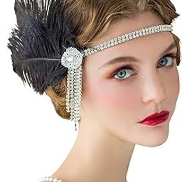 1920's Flapper Headband, Great Gatsby Inspired Feather Headpiece 20s Art Deco Hair Accessories Headband Party Rhinestone Hair Accessories for Women, Ivory, BLACK-image-81