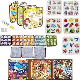 PLUSPOINT All-in-1 Busy Book for Kids Toddlers Reusable Water Painting Books, Busy Book Sensory Toys, Kids Learning Educational Toy Travel Activities 1 2 3 4 Year Old Birthday Gifts for Kids-103