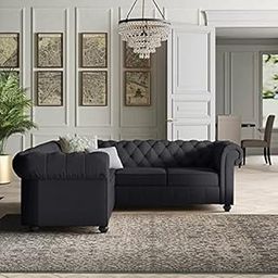 ES ESPINHO ESPN0015 Solid Sal Wood Velvet Upholstered 4 Seater Symmetrical Orientation Blind Tufted Chesterfield Modular, Sectional, Corner L Shape Sofa Set for Living Room, Charcoal Grey Color-image-90