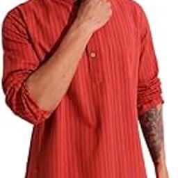Men Cotton Red Striped Mandarin Neck Regular Fit Short Kurta-image-68