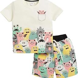 Pure Cotton Knee Length Half Sleeve Cute Monsters Printed Tee & Shorts Set - Cream 0-6M-image-6