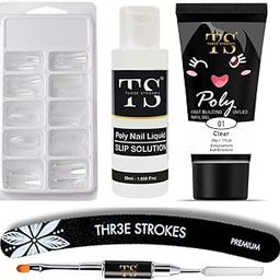 THR3E STROKES Poly Gel Nail Kit-30ML Clear Poly Extension Gel Nail Starter kit, Poly Nail Gel With Slip Solution Nail form Nail Brush,Nail Strengthen Nail Gel Kit DIY for Beginners(NEW)-93