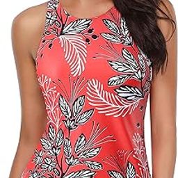 High Neck Tankini Top Bathing Suit Tops for Women Tummy Control Tank Tops Swimsuits, Red/Black/White, Medium-image-72