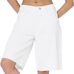 the souled store Denim Shorts: Pearl Women and Girls Buttoned Solid White Cotton Knee Length Bermuda Shorts-picture-35