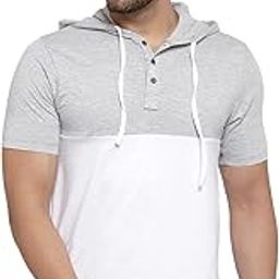 Men Half Sleeves Dual Colour Cotton Blend Hoodie(White::Light Grey Melange)-image-76
