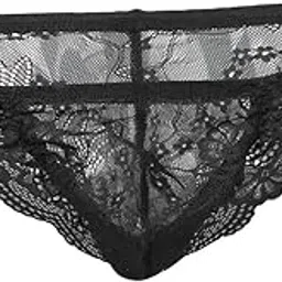 heavenglow Mens Sheer Lace Floral Thong Underwear | Bulge Pouch G-String Briefs for Men | Comfortable Transparent Bikini Style | Black Sissy Lingerie-picture-7