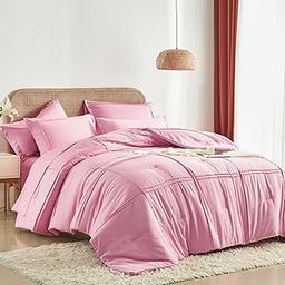 Yogeneg Queen Comforter Set 7 Piece Bed in a Bag,Grid Pinch Pleat Pink Bedding Set,Striped Textured Soft Microfiber Comforter with Sheet Set,All Season Complete Bed Set(Pink,Queen)-10