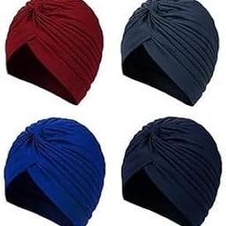 4 Pieces Stretch Turban Pagri Pagree Headwrap Polyester Cap India Turban Head Bennie Cover Twisted Pleated Head Wrap Headwear for Women Girls,-image-85