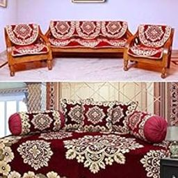 GLOY® Combo of Chenille, Velvet 5 Seater Sofa Cover (Set of 6) with 500TC Diwan Set (Set of 8) 1 Bedsheet, 5 Cushion Covers, 2 Bolster > Set of 14 Pieces (Red Multi)-image-96
