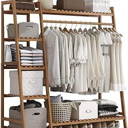Naayaab Craft Bamboo Coat Clothing Garment Rack with Shelf, 5-Tier Freestanding Clothes Storage Shelf with Suitcase Rack for Household Retail - (Size : 110 * 40 * 140cm)-image-27