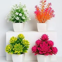Artificial Potted Plants - Set of 4 | Realistic Faux Succulents & Flowers | Decorative Mini Plants for Home, Office, Desk, Shelf, Bathroom, and Living Room | Vibrant-14