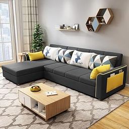 FURNY Marsello 5 Seater Premium Fabric LHS Sectional L Shape Sofa Set (Dark Grey)-image-61