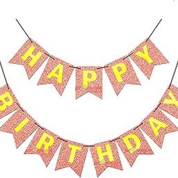 Propsicle Glittery Rose Gold Cardboard Fishtail Happy Birthday Banner | Party Decoration with Ribbon | Girl Princess Theme Bunting (Pack of 13 Flags)-picture-28