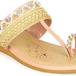 rimezs Women's Embellished Floral Sandals, Gold, Rhinestone Decorated Straps, Comfort Footbed, Slip-On Style-picture-12