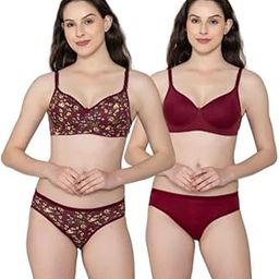 Cotton Printed Lingerie Set with Full Coverage Lightly Padded Bra and Hipster Panty for Women Everyday Bra and Panty Full Comfort. (Pack of 2 Multicolor)-46