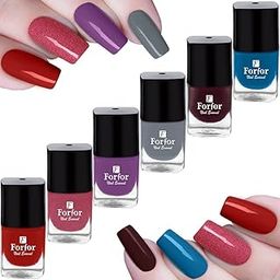 FORFOR® Trendy Glossy Nail Polish | Fast Dry & Nail Art Combo of 6 (Classic Red,Pink Glitz,Bright Purple,Stunner Grey,Maroon Shine,Ink Blue)-picture-7