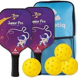 Athletiq JuniorPro Kids Pickleball Racket Set of 2-2 Lightweight Paddles (185g Each), 4 Balls & 1 Covers | 12mm Fiberglass Paddle Surface with SpinX Texture | USPA Standard | Ages 5–10-5